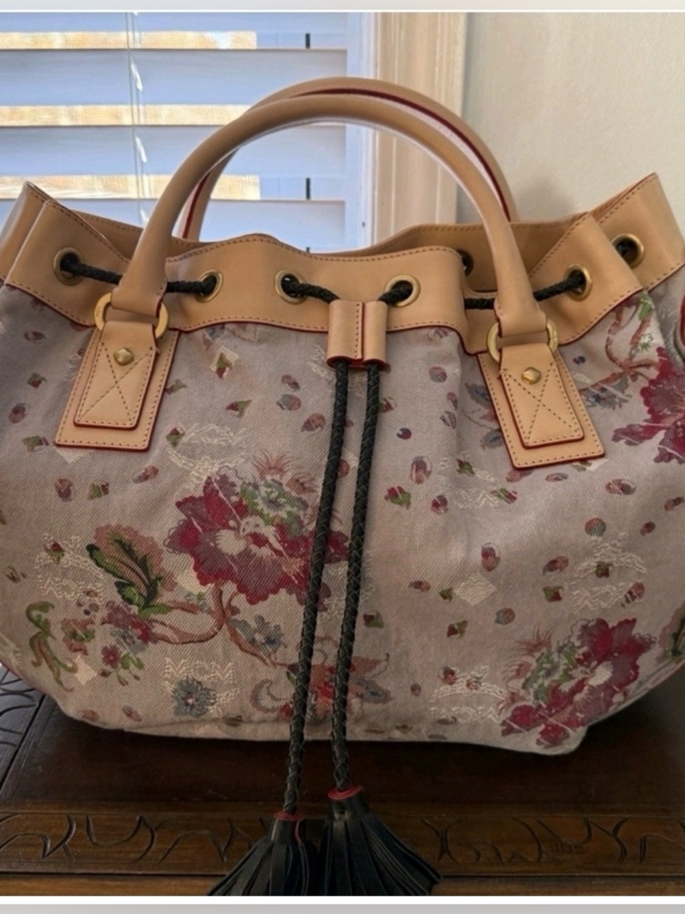 MCM LIMITED EDITION Floral Canvas Drawstring Tote with Tan Leather Trim